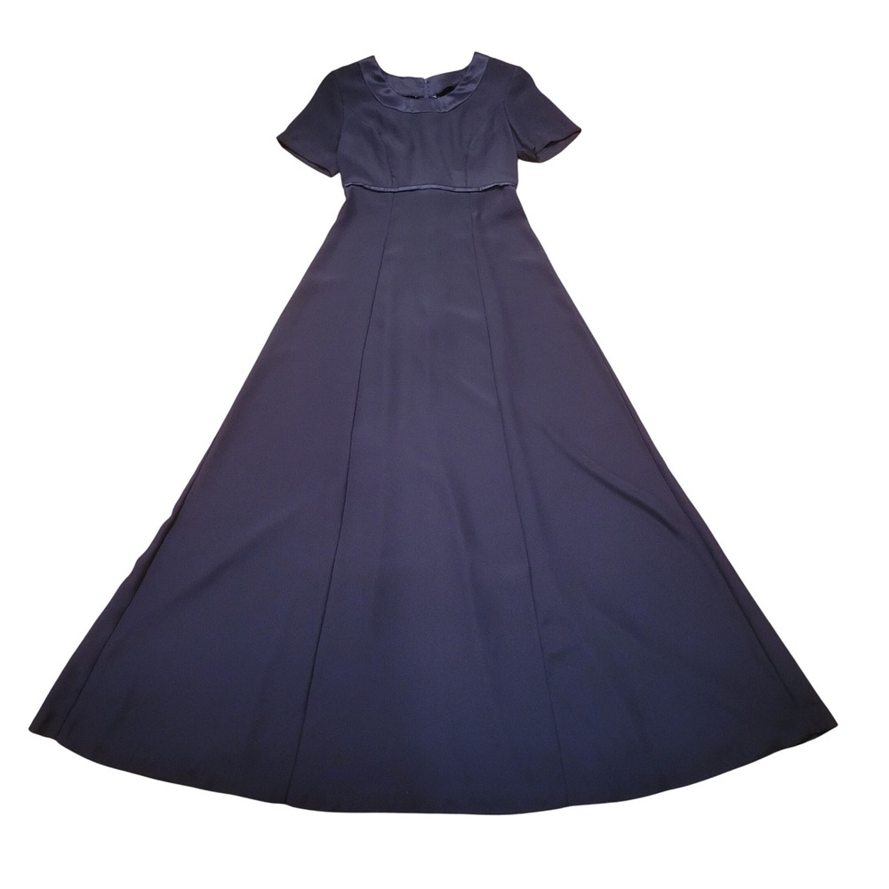 Vintage S Formal Dress Navy Blue Satin Trim Empire Waist Back Bow Maxi Modest